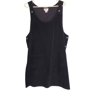 Vintage 90s Black Cotton Corduroy Jumper Overall Dress Pockets Roundneck Lg